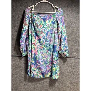 Lilly Pulitzer Adira Silk Off Shoulder Dress Size S Indigo Exotic Escapade Blue